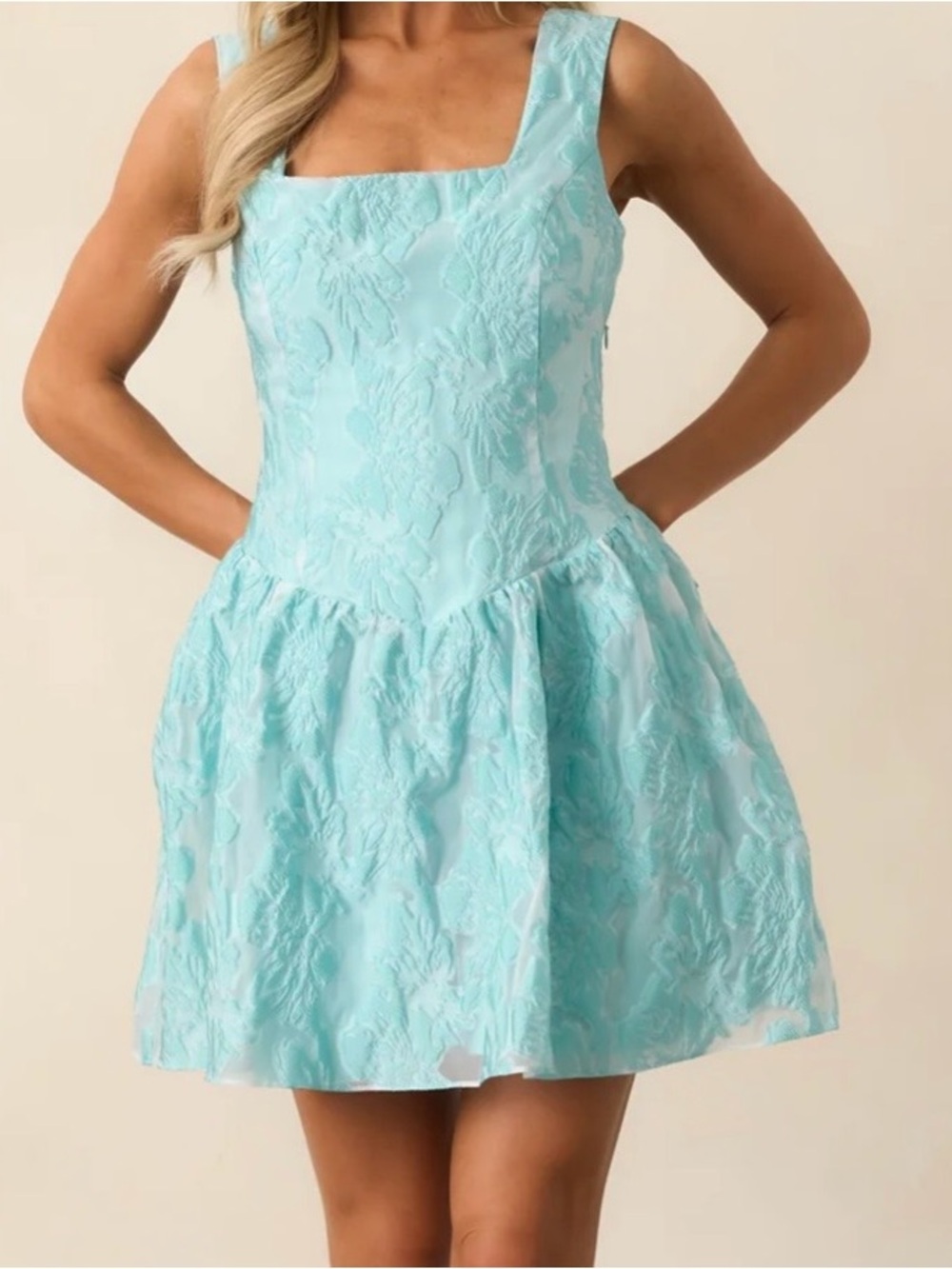 Red Dress Boutique Turquoise Blue Floral Jacquard Mini Dress